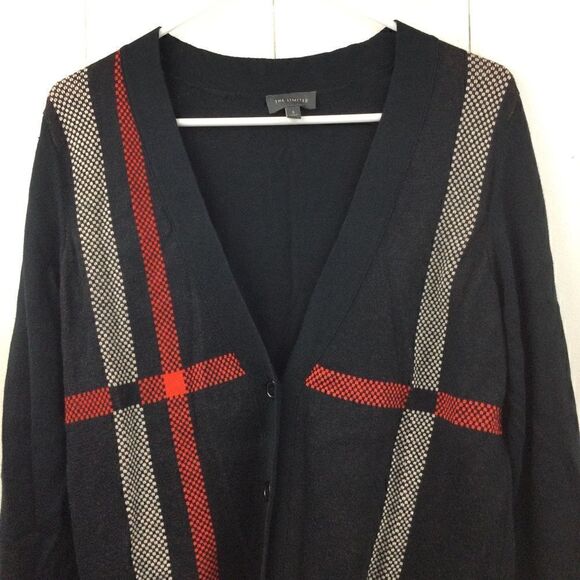 The Limited Black Button Front Cardigan Sweater with Cream & Red Plaid - Small - Picture 3 of 7